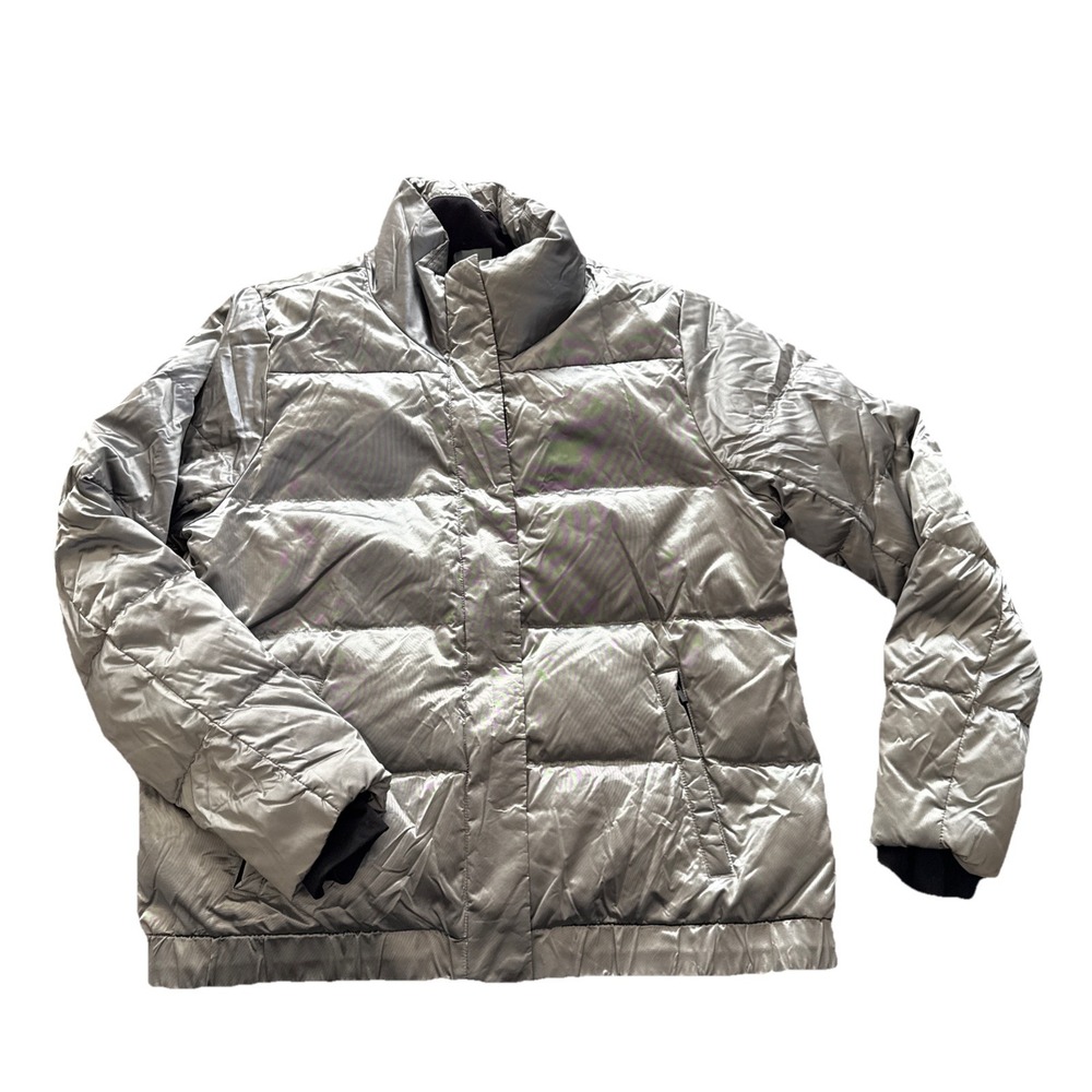 Athleta Goose Down Puffer Jacket Women Large Reflective Silver Insulated Coat